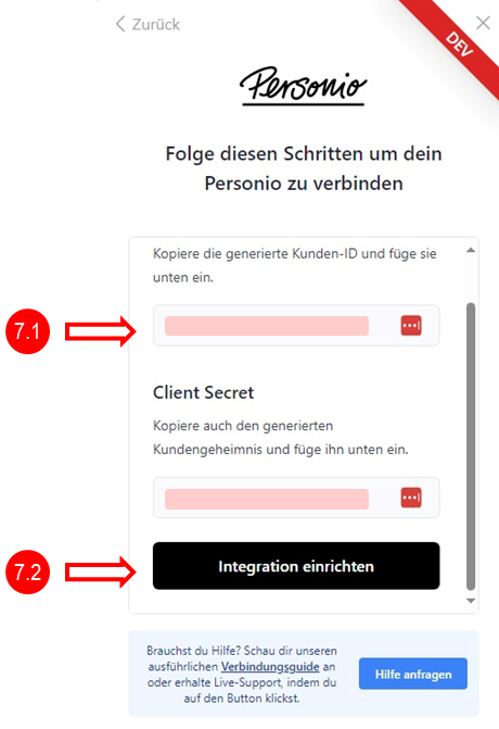 7. Kopieren der API-Zugangsdaten von Personio in onyo und Abschluss der Integration
